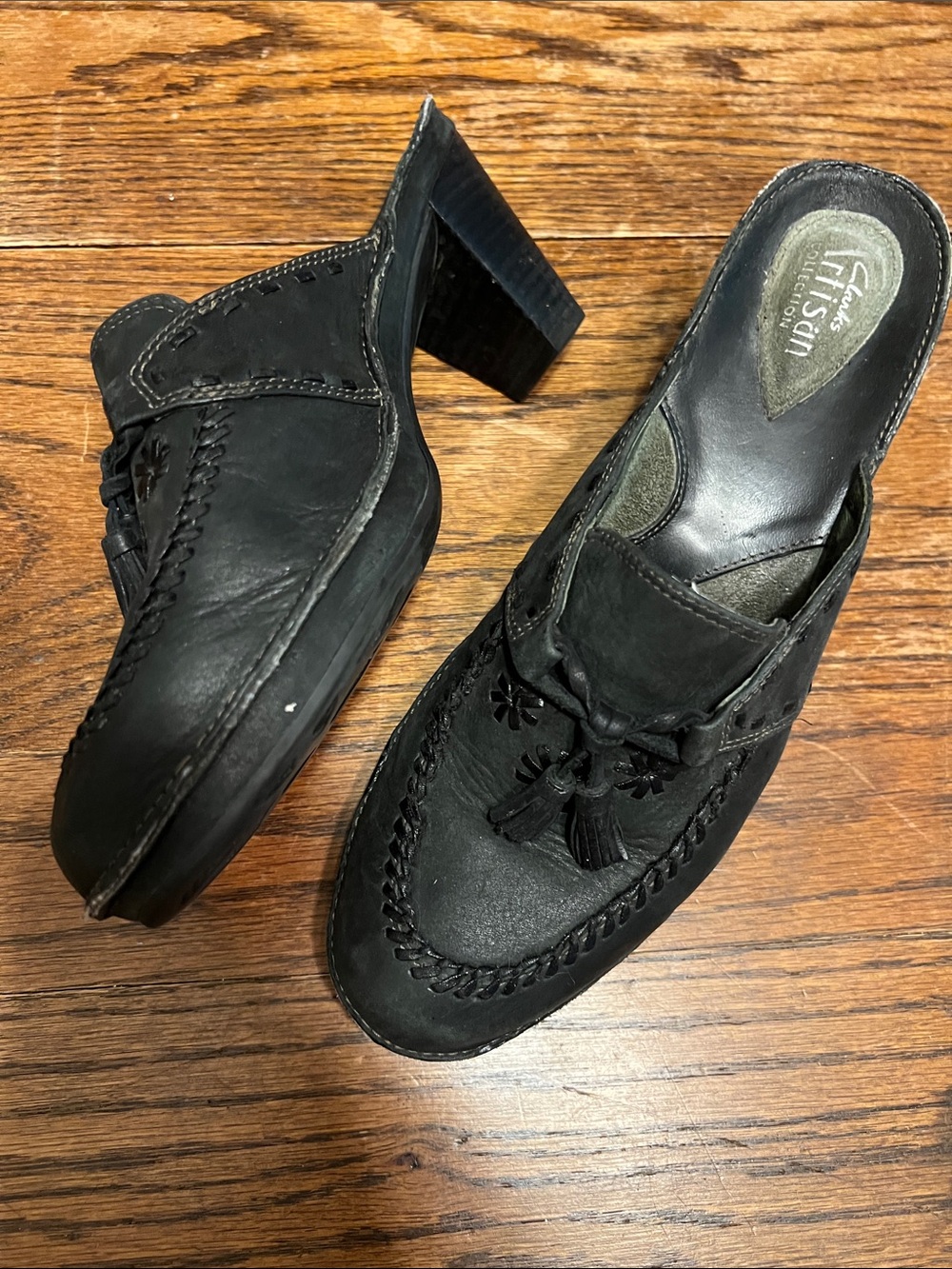 Clarks Black Leather Tassel Mule Heels